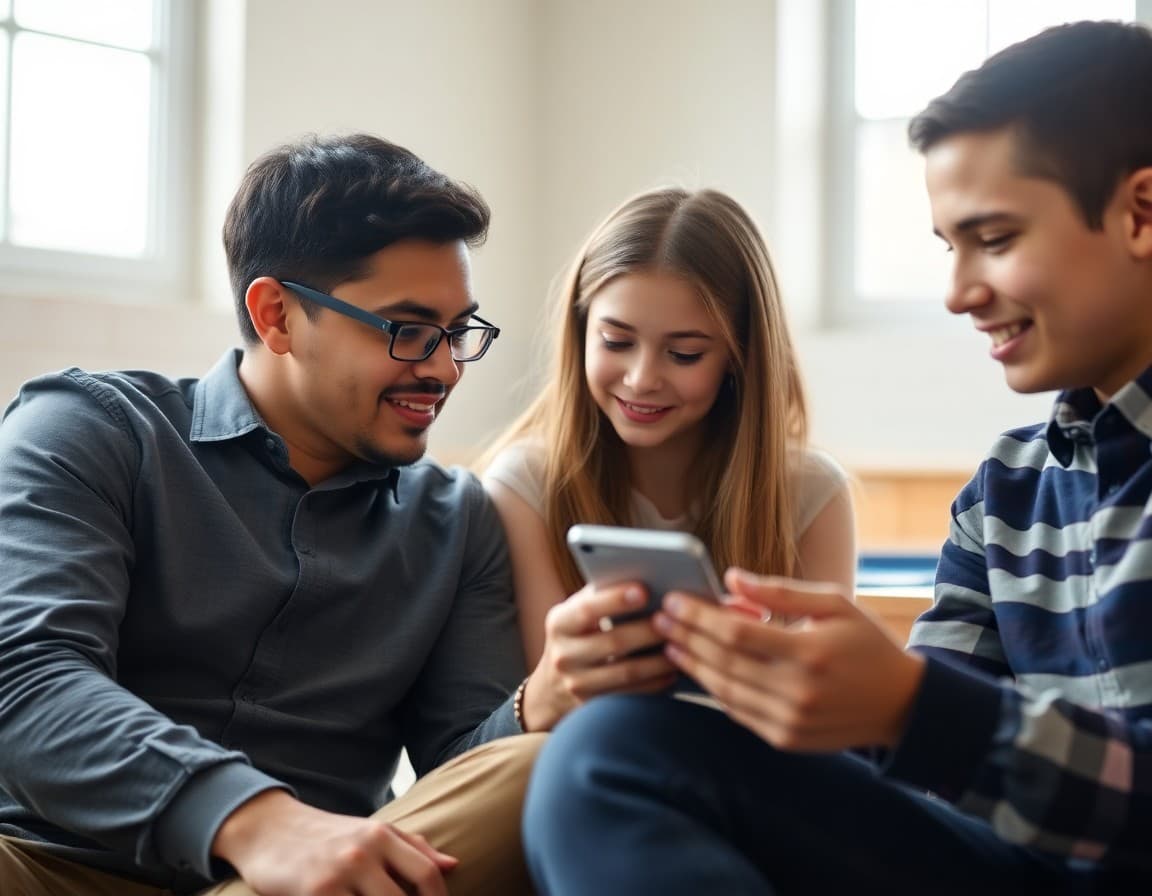 Georgia family reviewing school counselor newsletter content on a phone