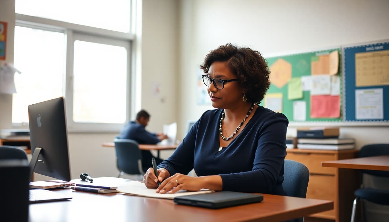 Georgia school counselor at a desk writing a newsletter in a school office