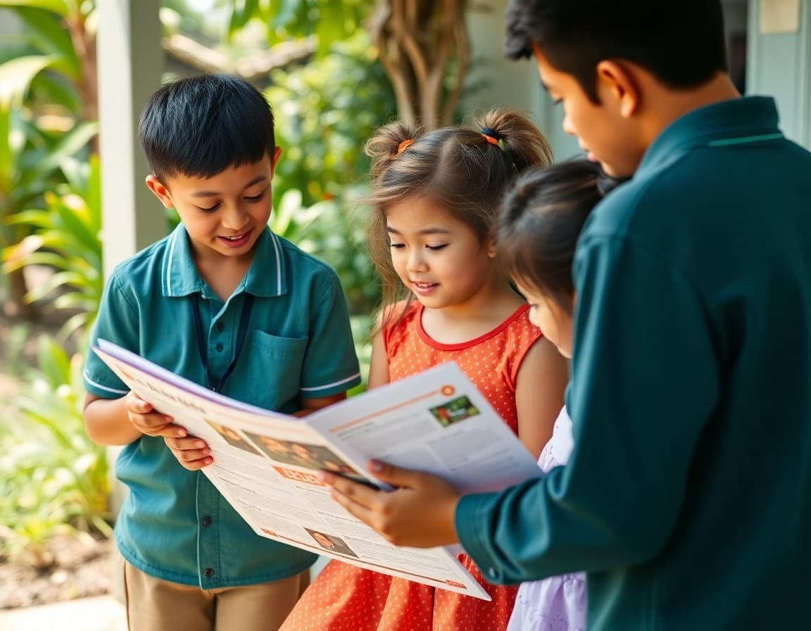 Hawaii school family reading a newsletter outdoors in a garden setting