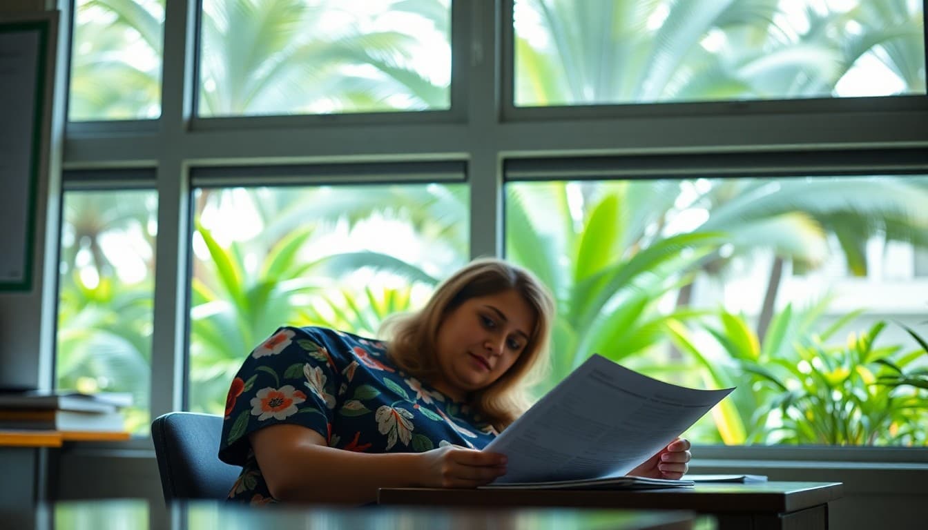 Hawaii school counselor writing a newsletter in a school office with tropical greenery visible outside