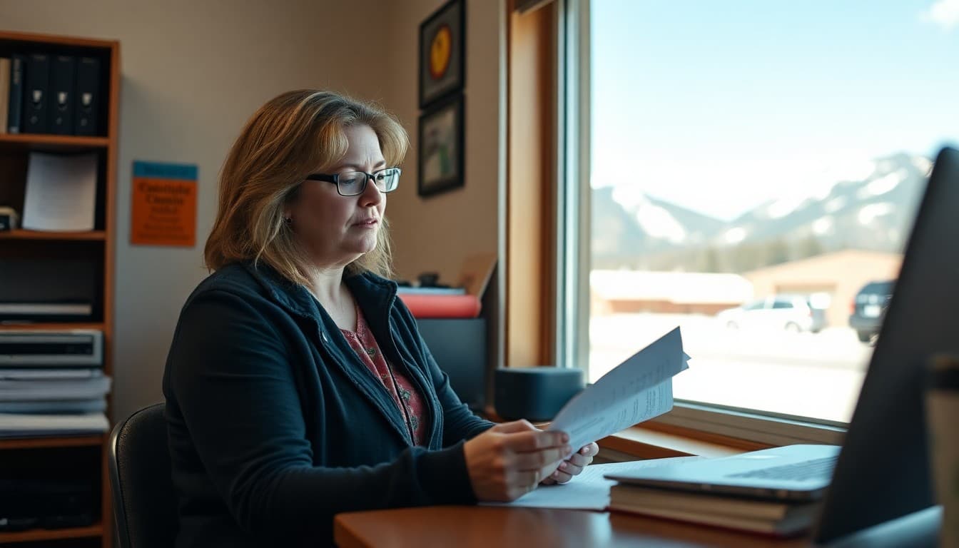 Idaho school counselor writing a newsletter in a rural school office with mountains visible outside