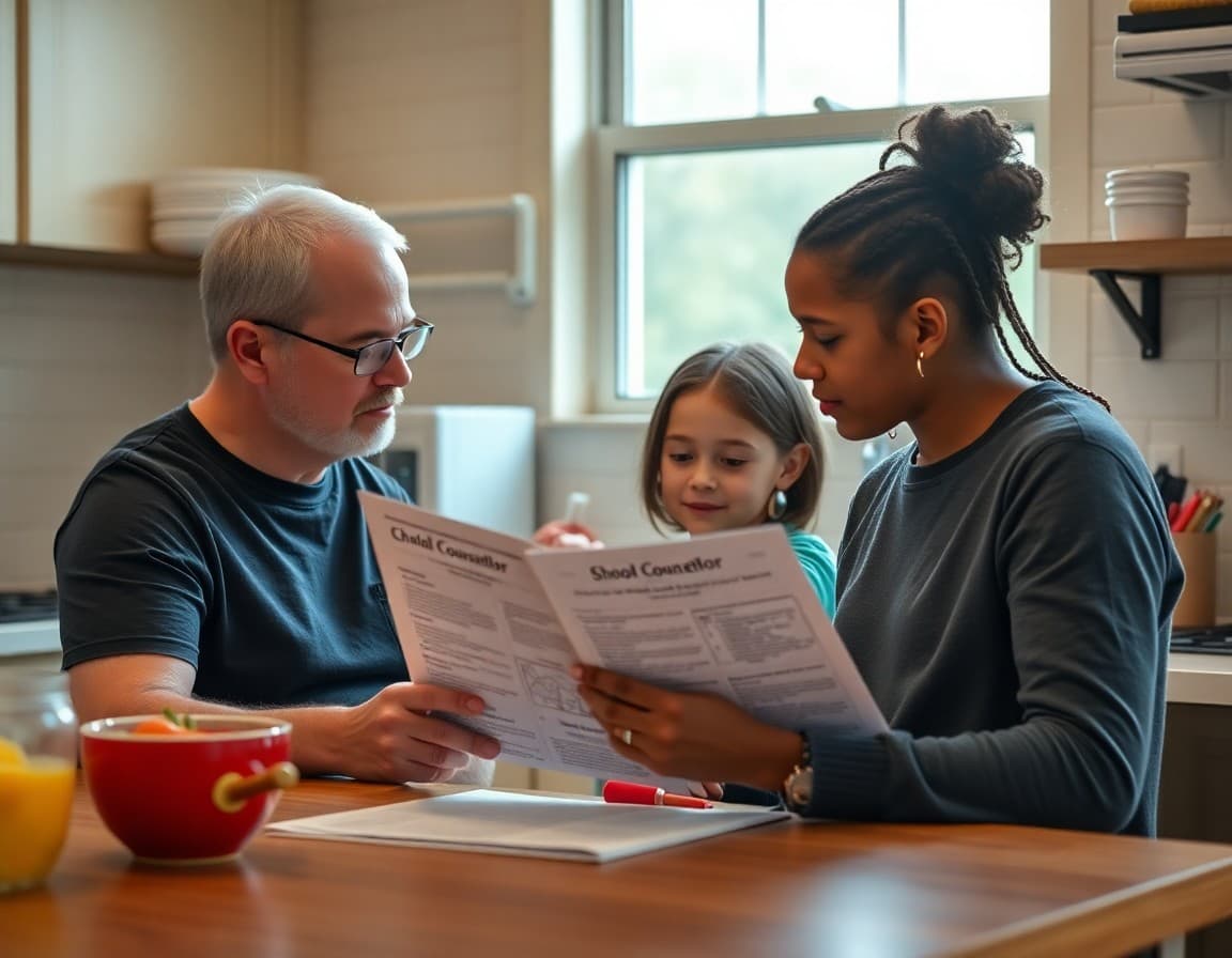 Illinois family reading a school counselor newsletter in an urban kitchen setting