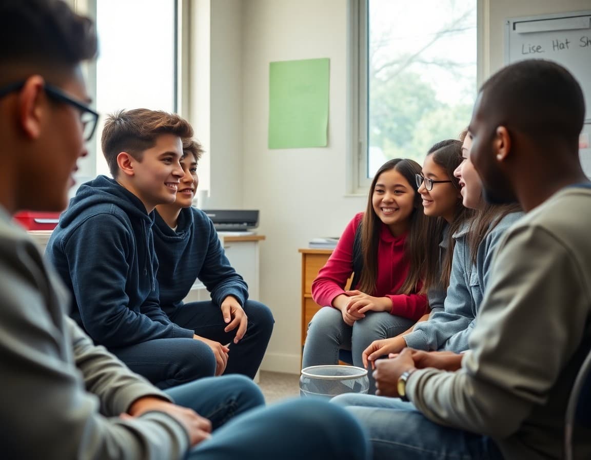Group of students having a positive discussion in a school counselor's office
