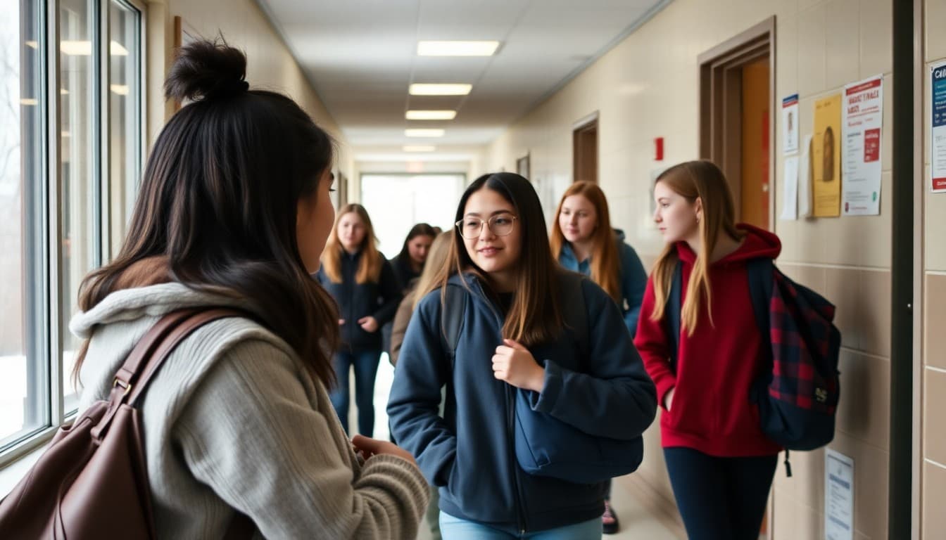 Students reconnecting in a school hallway on the first day back in January