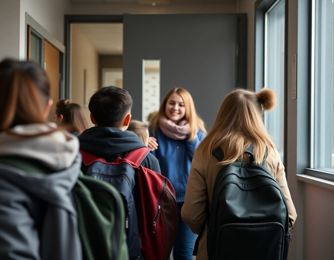 Students returning to school in January with backpacks and a counselor welcoming them at the door