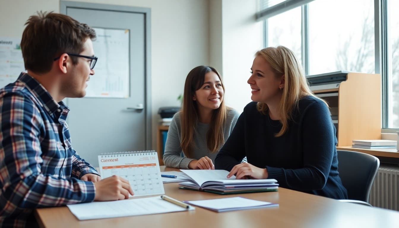 School counselor talking with a student in an office with a fresh calendar and new semester materials on the desk