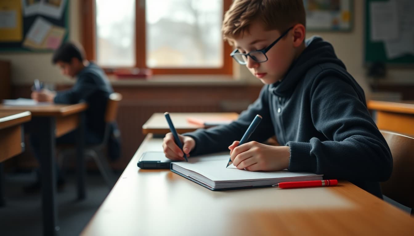 Student setting study goals at a desk in a new notebook in January