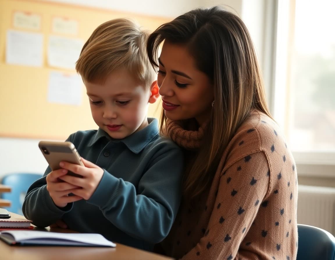 Child using a phone responsibly while a parent reviews their guidelines together