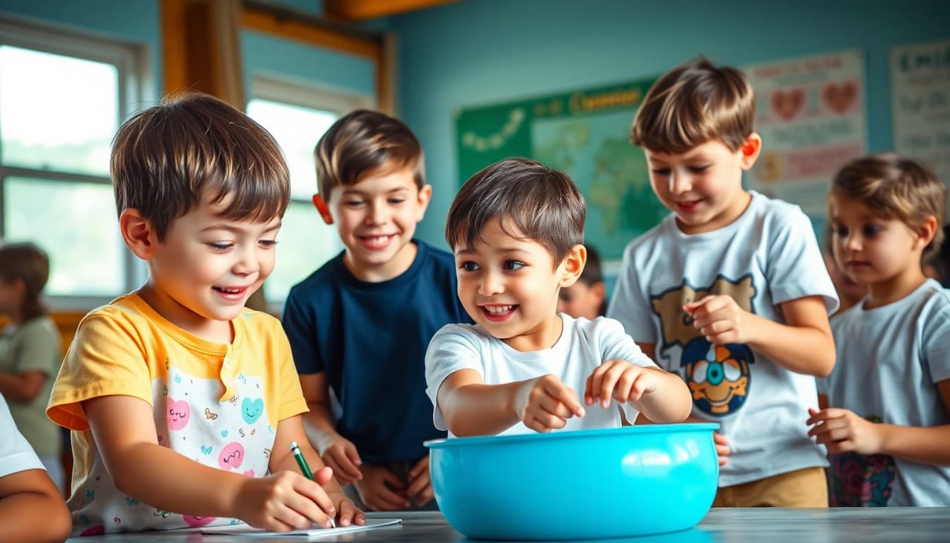 Children playing together at a summer camp activity in July