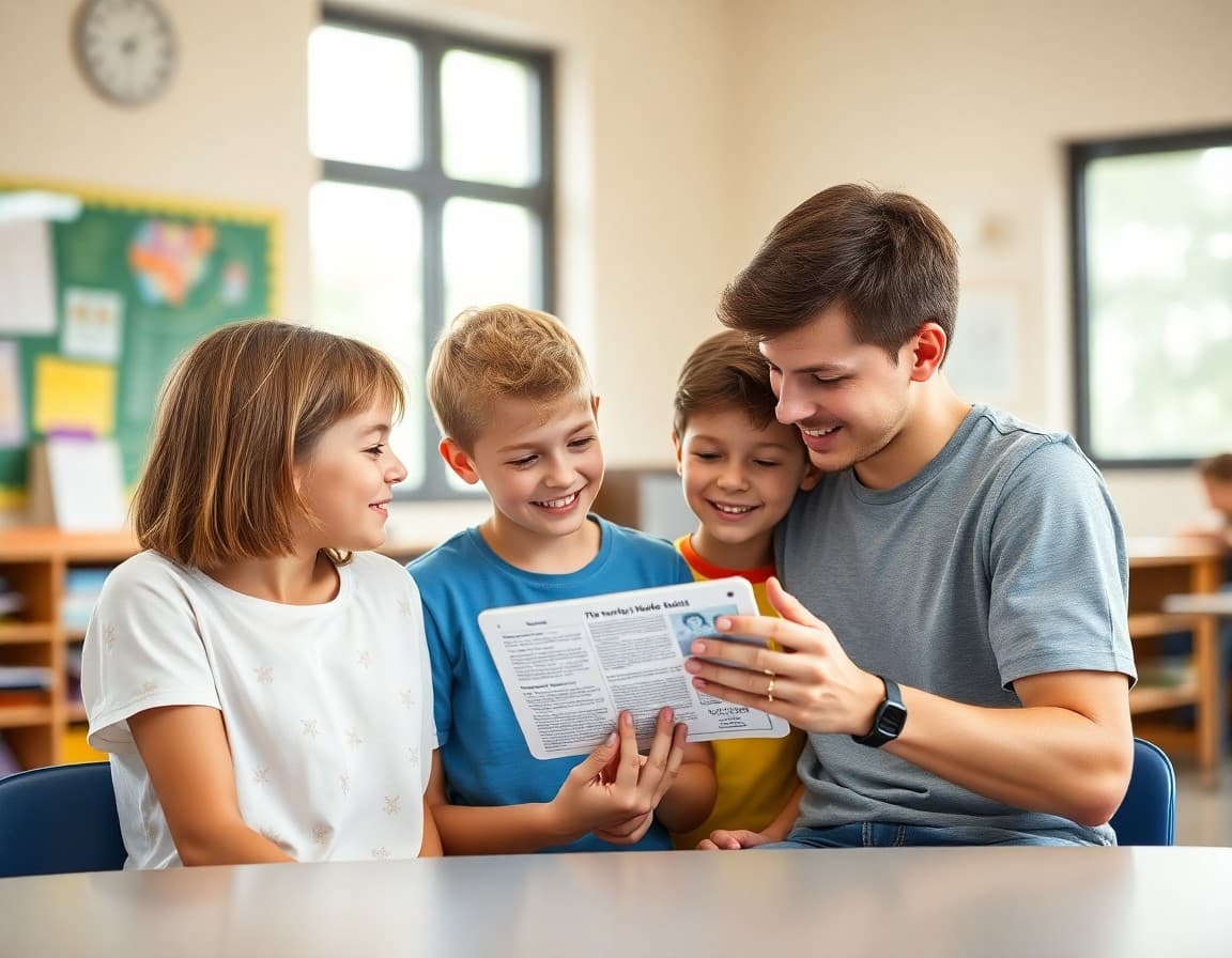 Family looking at a newsletter on a tablet together during summer break