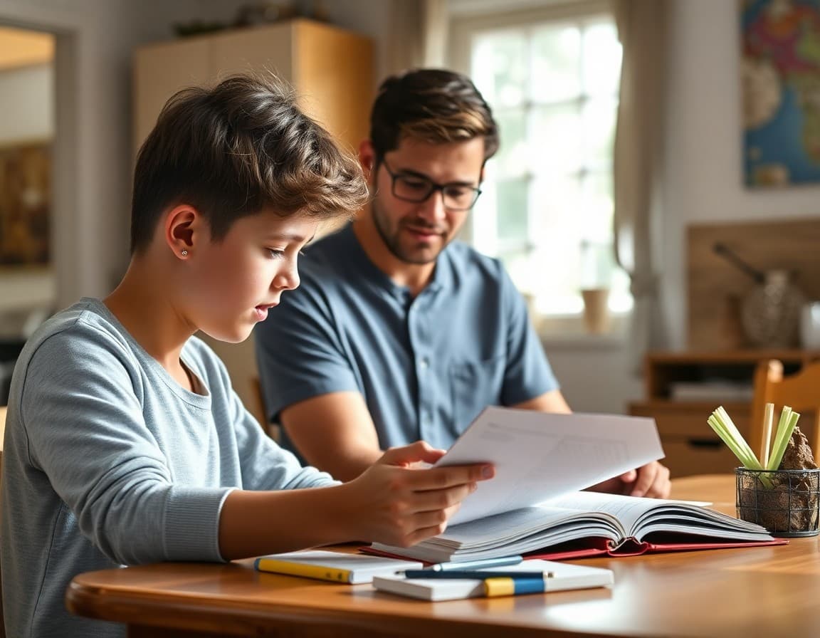 Parent helping a student with light summer reading at a kitchen table