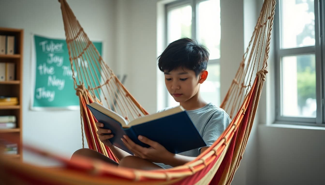 Student reading a book in a hammock during a relaxed summer afternoon