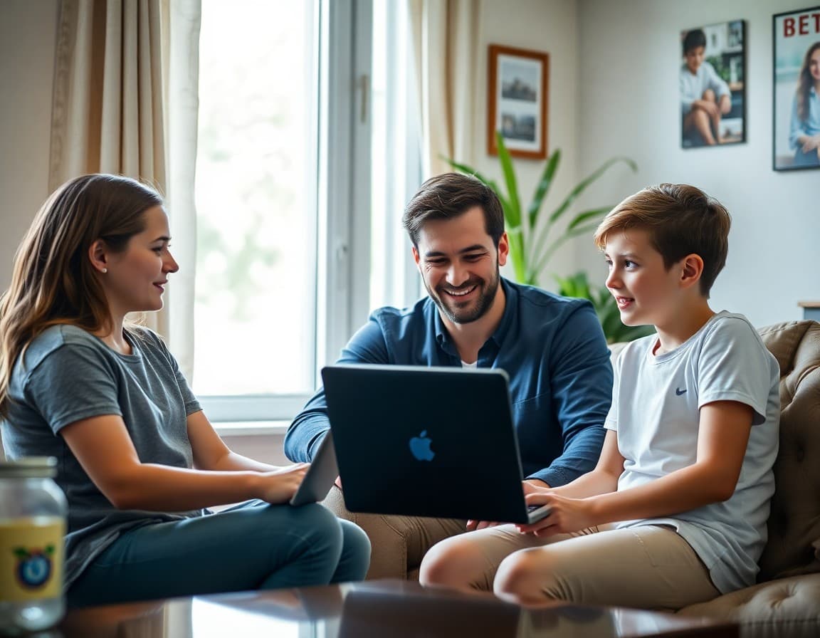 Family sitting together at home discussing online safety before summer