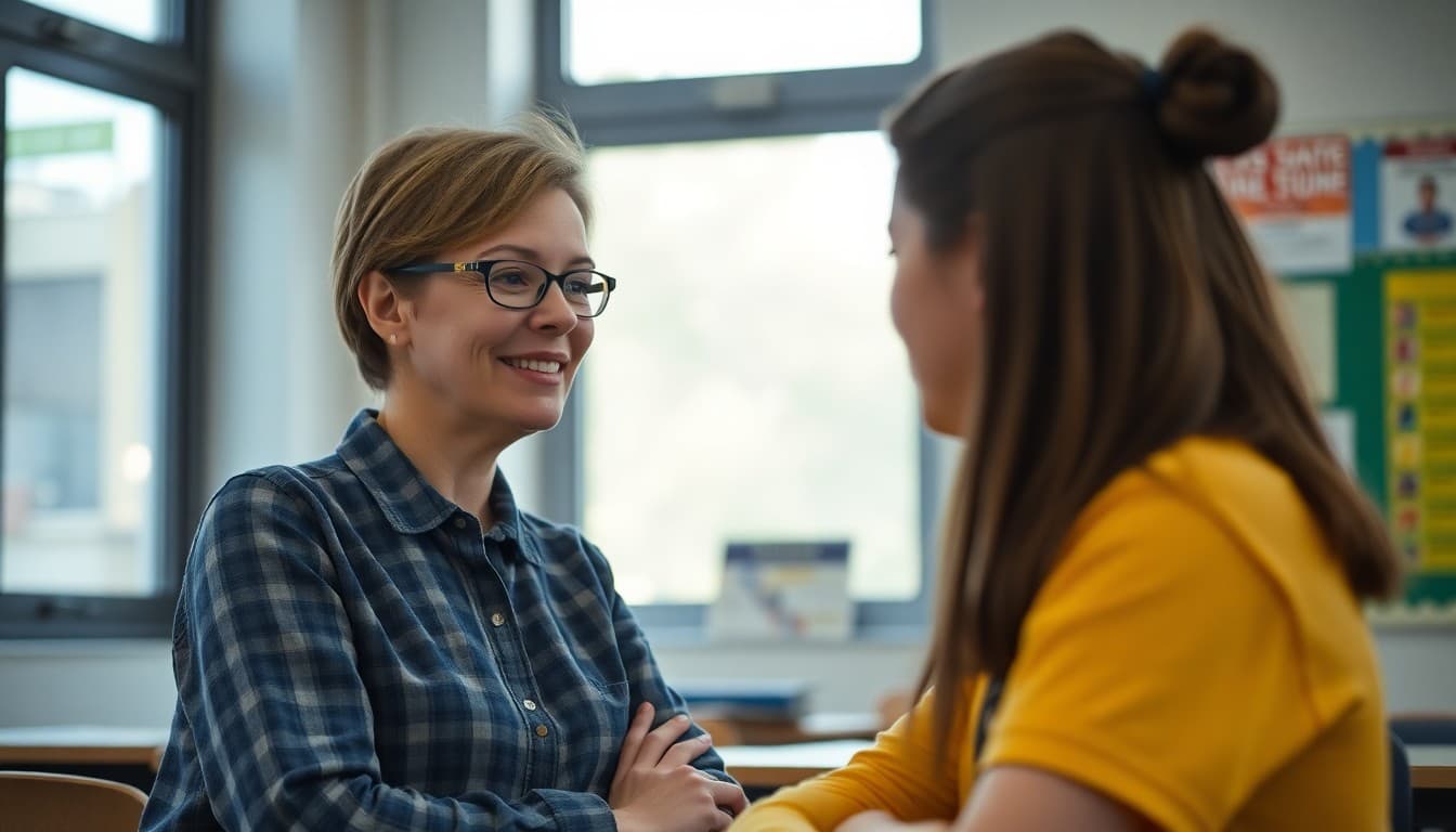 School counselor having a final conversation with a student before summer break