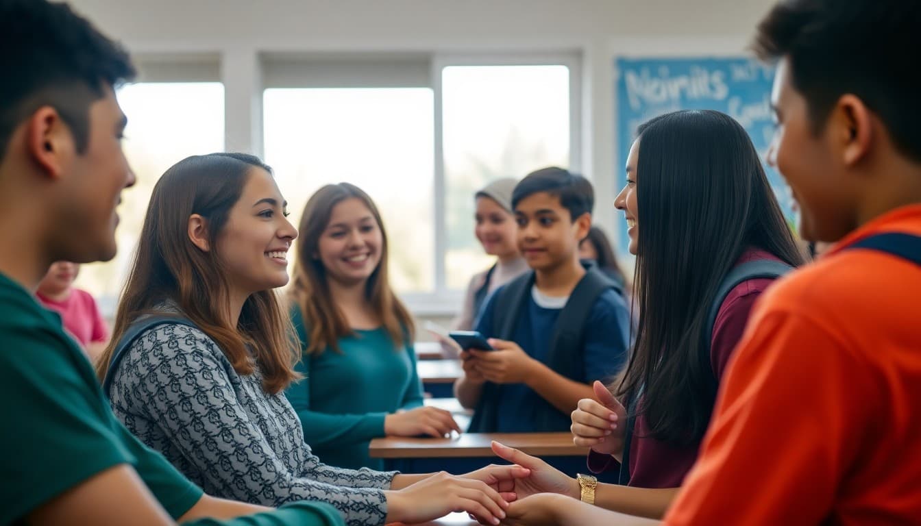 Students saying farewell and exchanging contact information on the last day of school