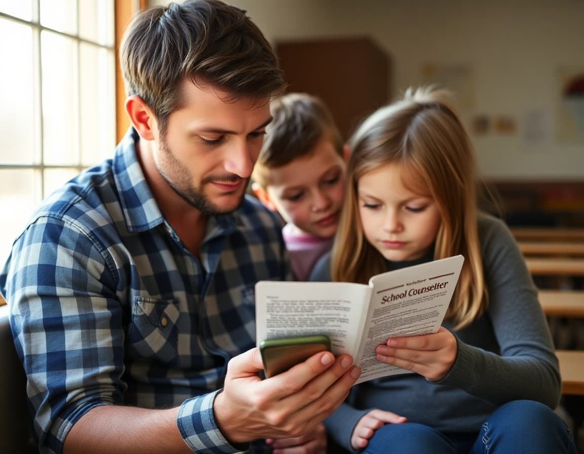 Kansas rural family reading a school counselor newsletter on a phone