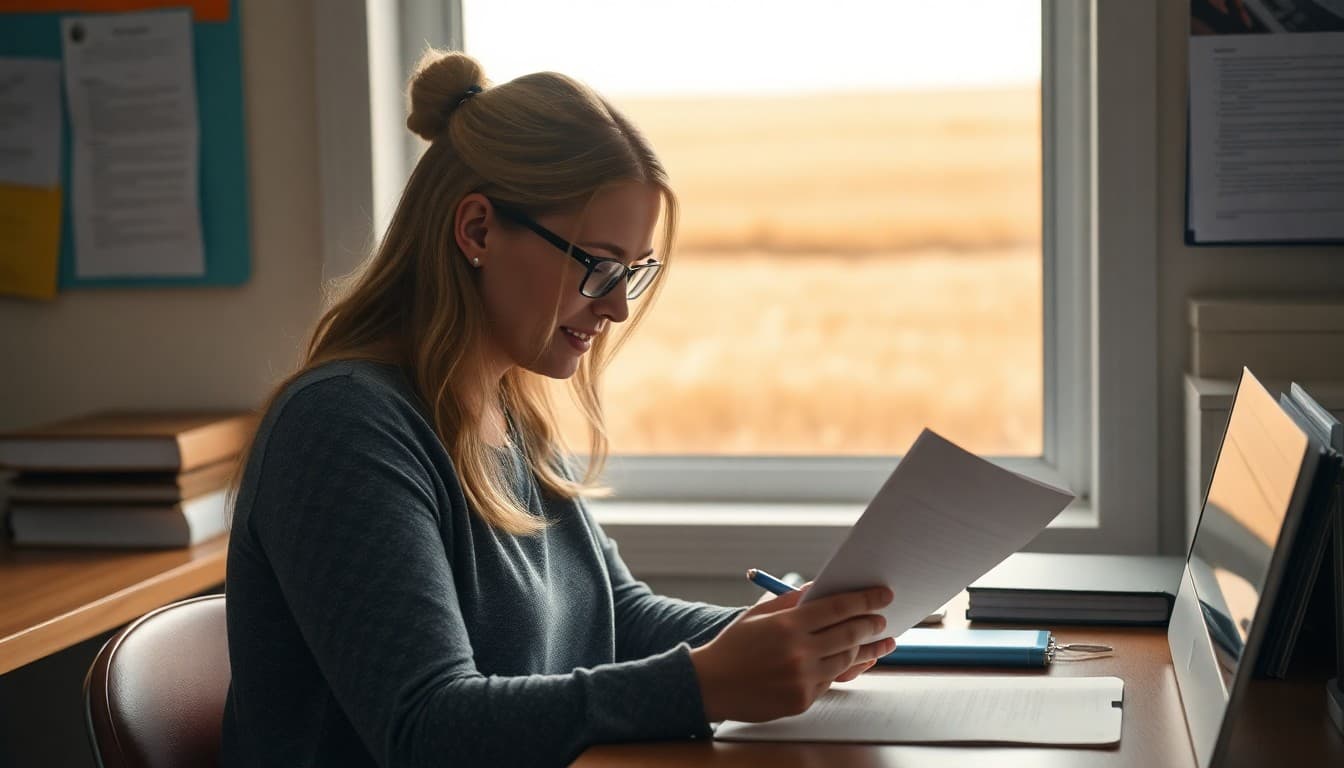 Kansas school counselor writing a newsletter in a school office with wheat fields visible in the background