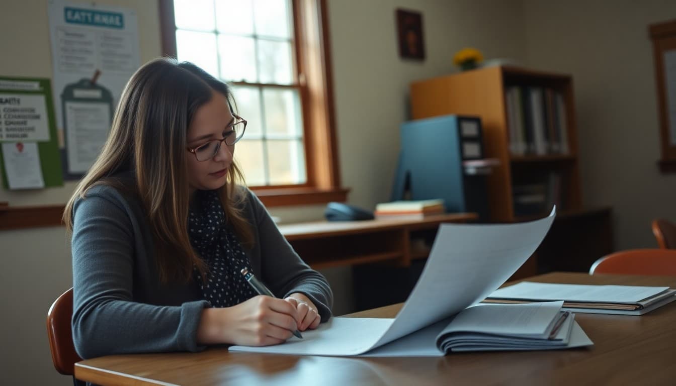 Kentucky school counselor writing a newsletter in an Appalachian school office