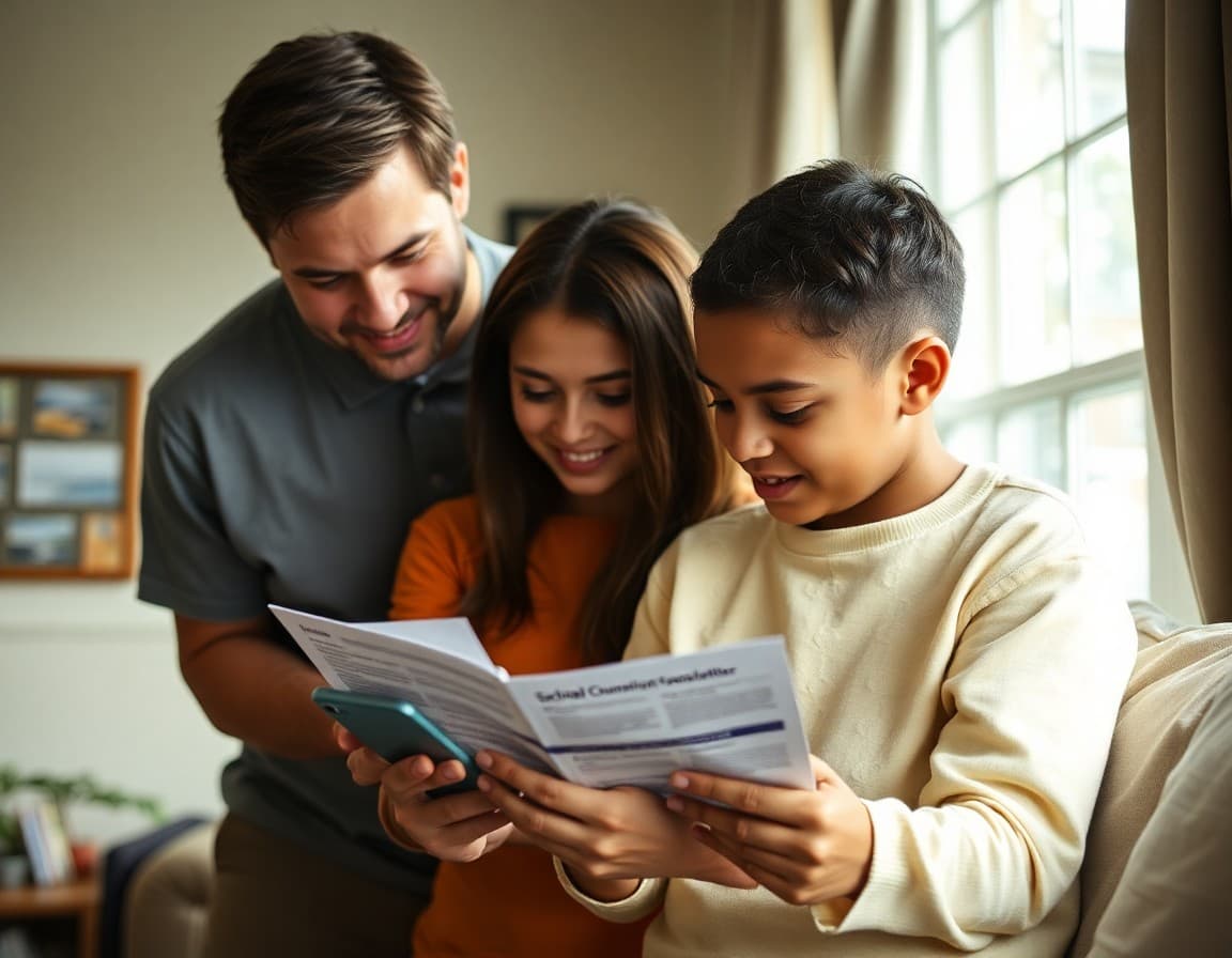 Louisiana family reading a school counselor newsletter on a phone in a home setting