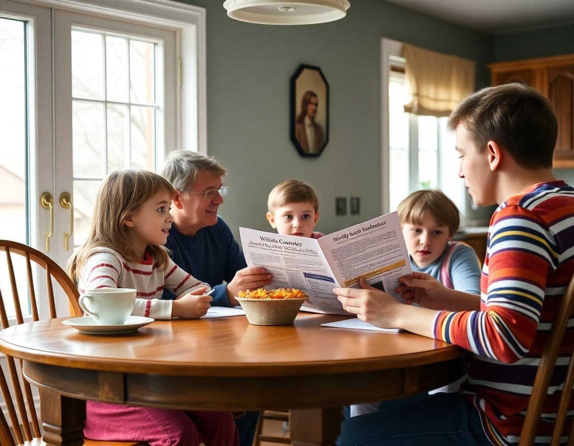 Massachusetts family reading school counselor newsletter at a New England kitchen table