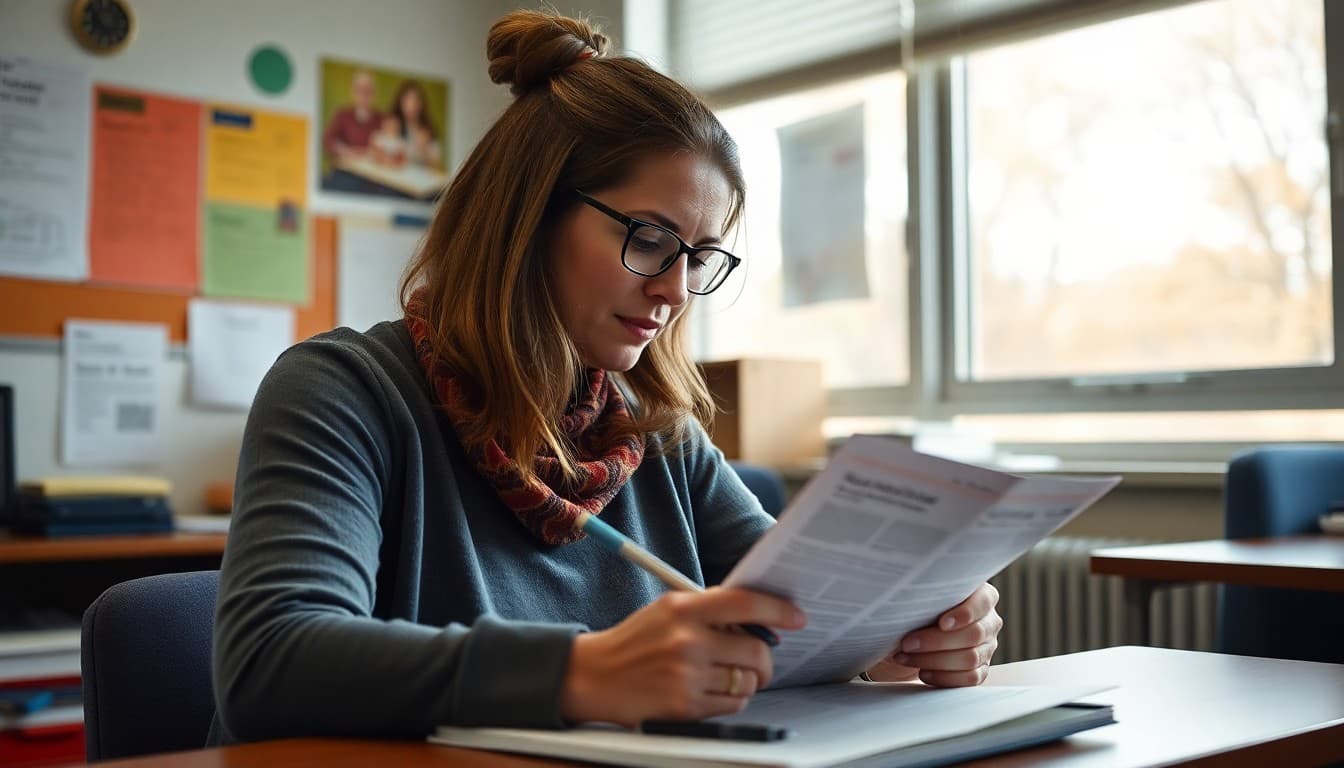 Massachusetts school counselor writing a newsletter in a Boston-area school office in autumn