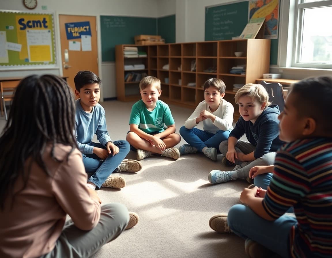 Students participating in a restorative circle during a school counseling session