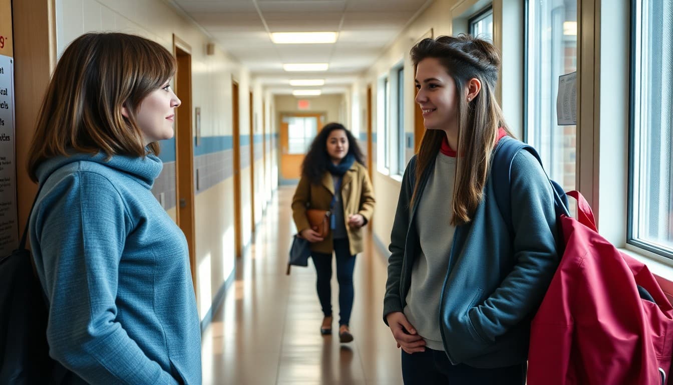 School counselor mediating between two students in a hallway in March