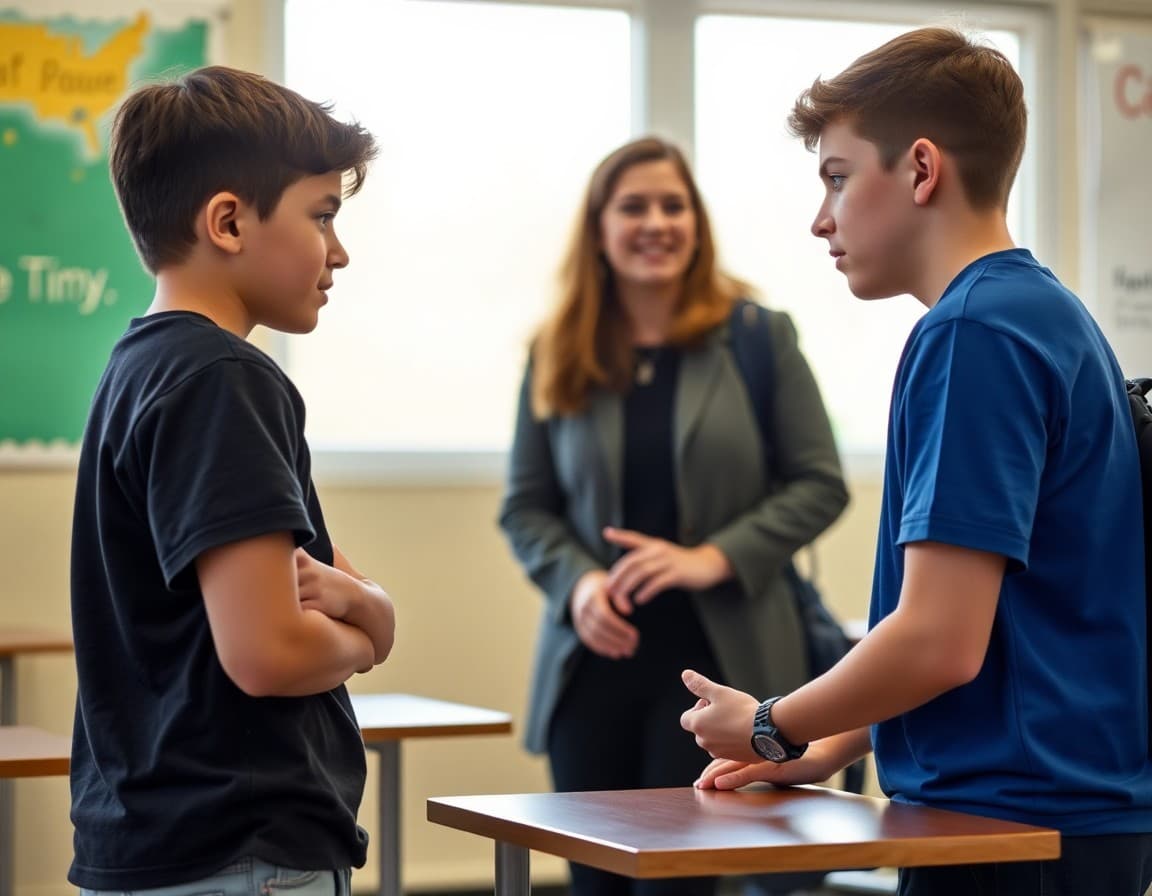 Two students resolving a conflict with a school counselor nearby