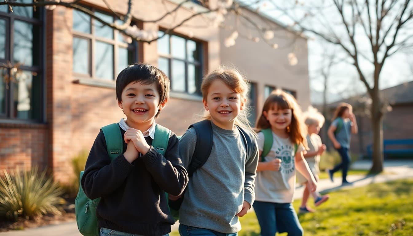 Students playing outside together on a warm spring day at school