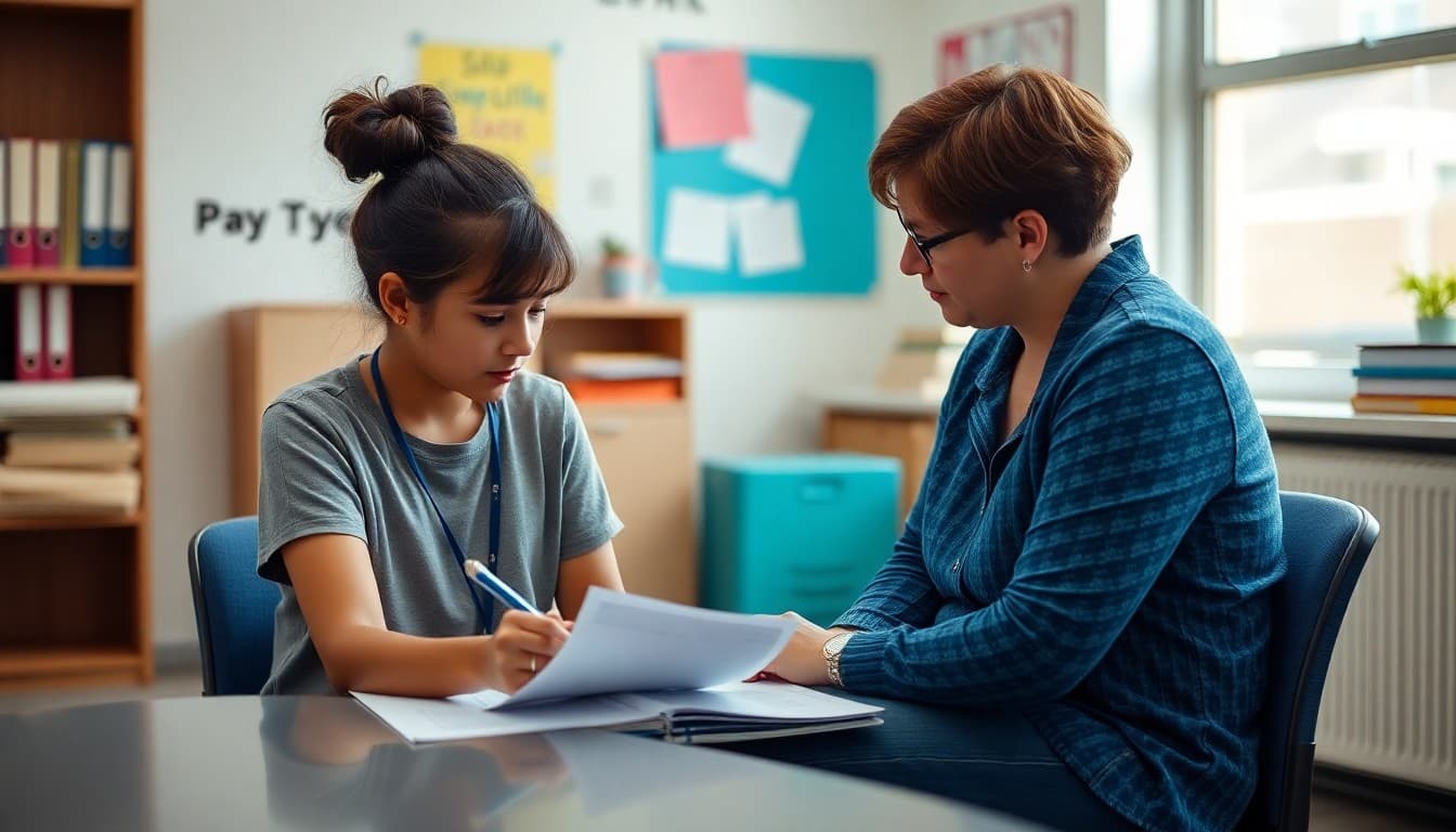 School counselor sitting with a student reviewing test preparation strategies in a calm office
