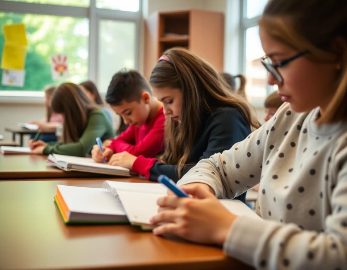 Students writing in reflection journals during a final school counselor classroom visit in May