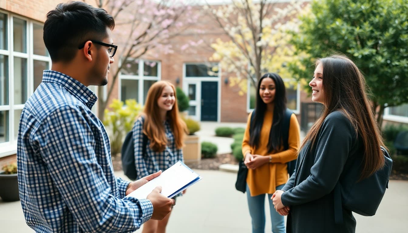 School counselor meeting with a group of graduating seniors in a spring courtyard for a year-end check-in