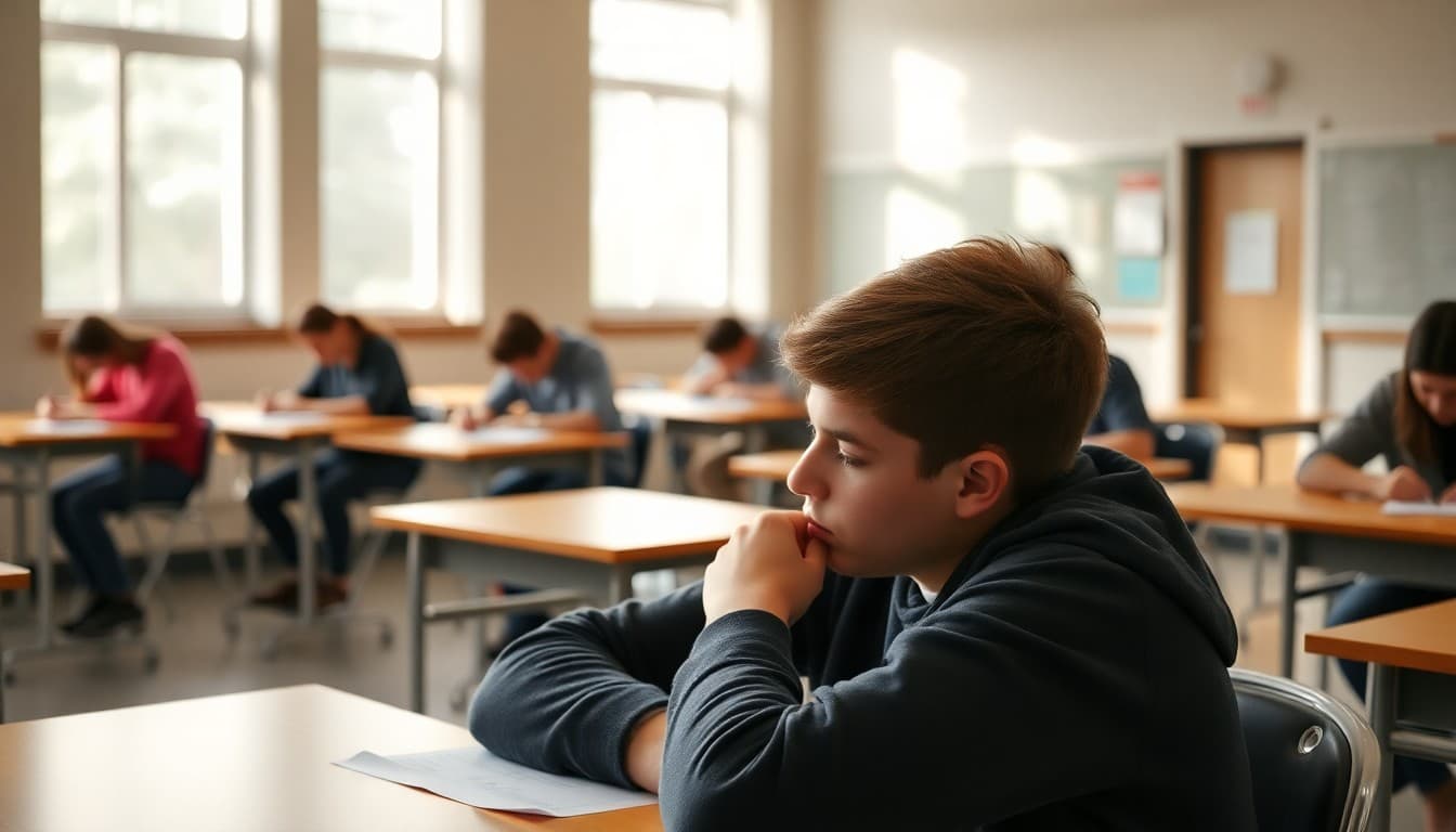 Student taking an AP exam in a quiet testing room in May