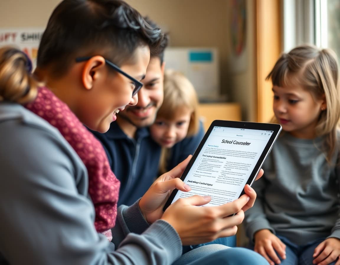 Maryland suburban family reading a school counselor newsletter on a tablet