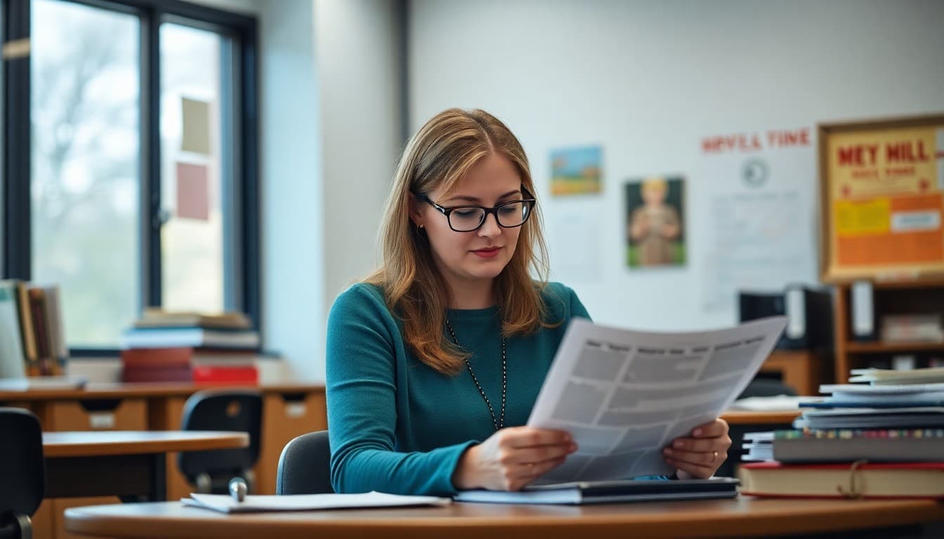 Maryland school counselor writing a newsletter in a school office near Washington DC