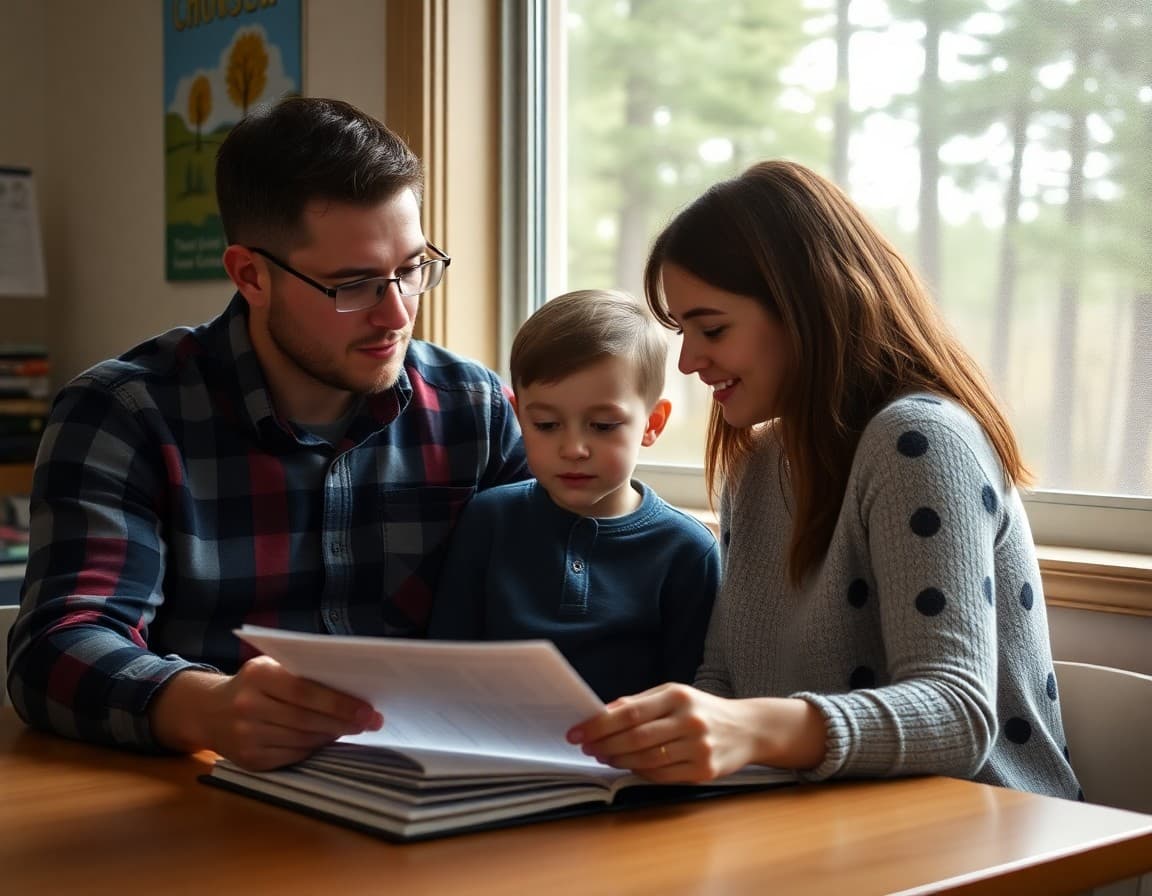 Maine family reading a school counselor newsletter at a table near a window with pine trees visible