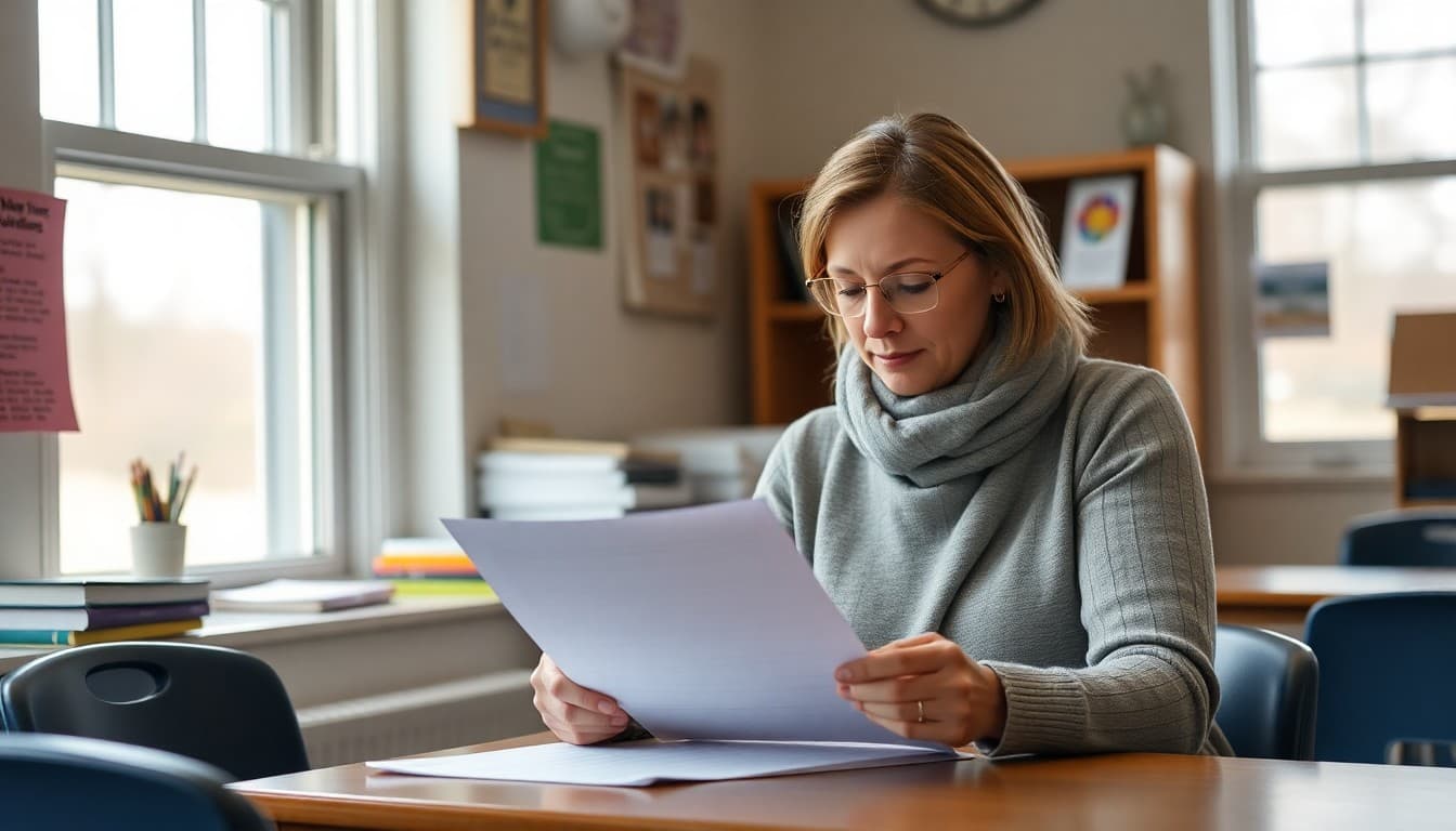 Maine school counselor writing a newsletter in a coastal New England school office