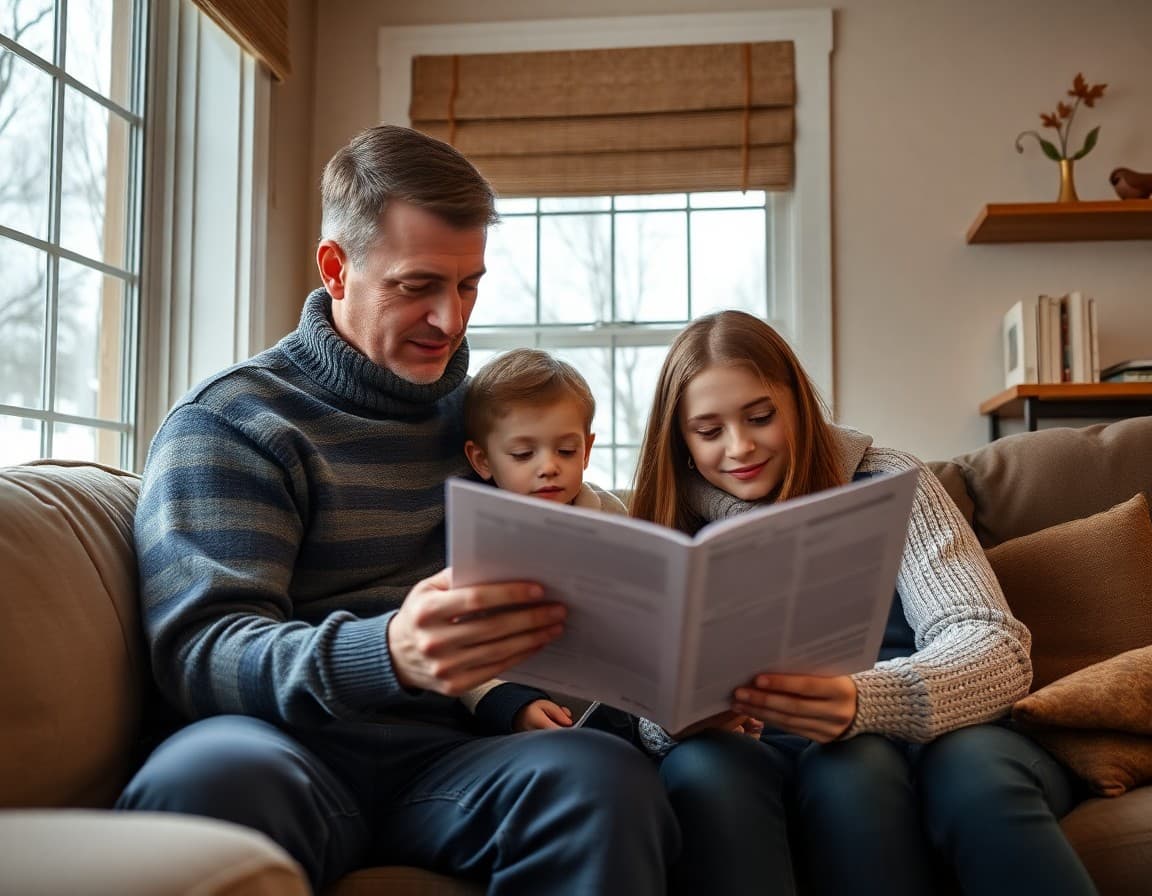 Michigan family reading a school counselor newsletter at home in winter