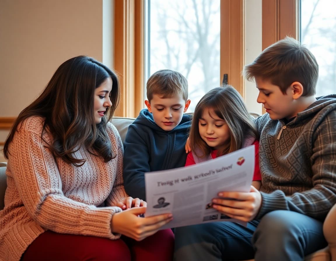 Minnesota family reading a school counselor newsletter at home in winter