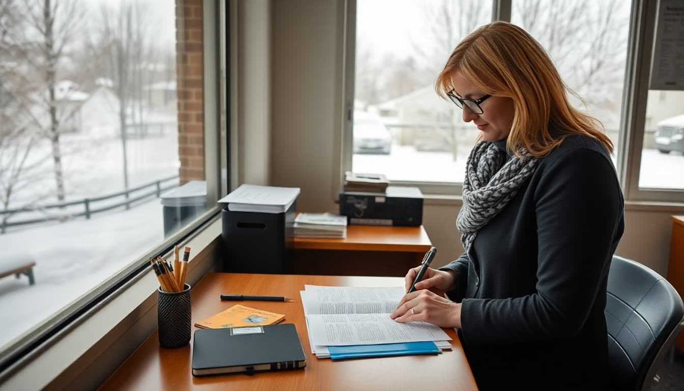 Minnesota school counselor writing a newsletter in a school office with snow-covered Minnesota landscape outside
