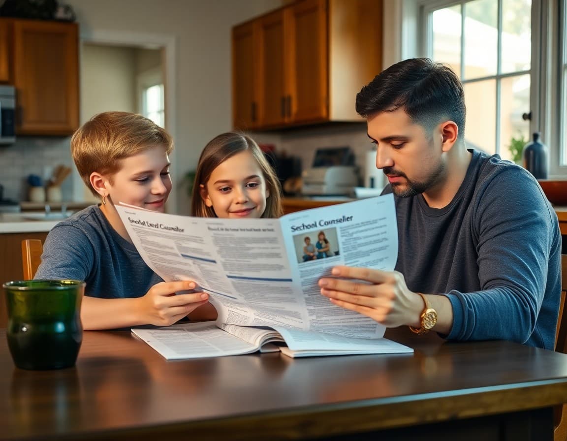 Missouri family reading a school counselor newsletter together at a kitchen table