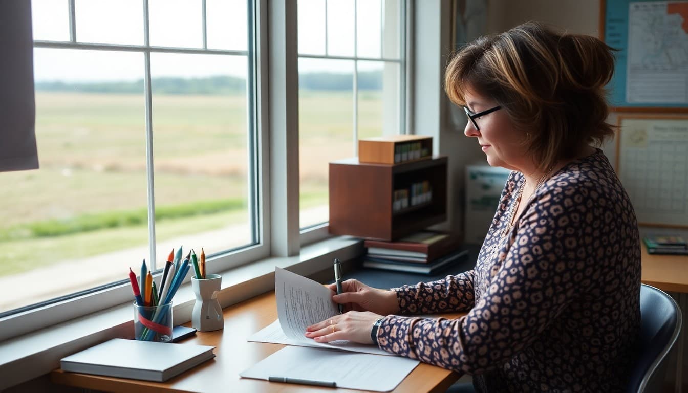 Mississippi school counselor writing a newsletter in a school office with rural Mississippi landscape visible