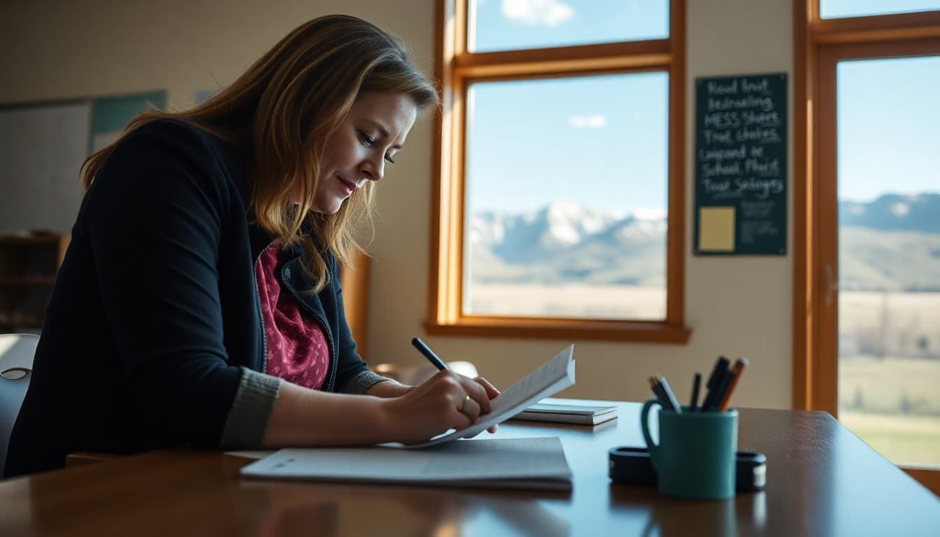 Montana school counselor writing a newsletter at a desk with Big Sky Country mountains visible outside