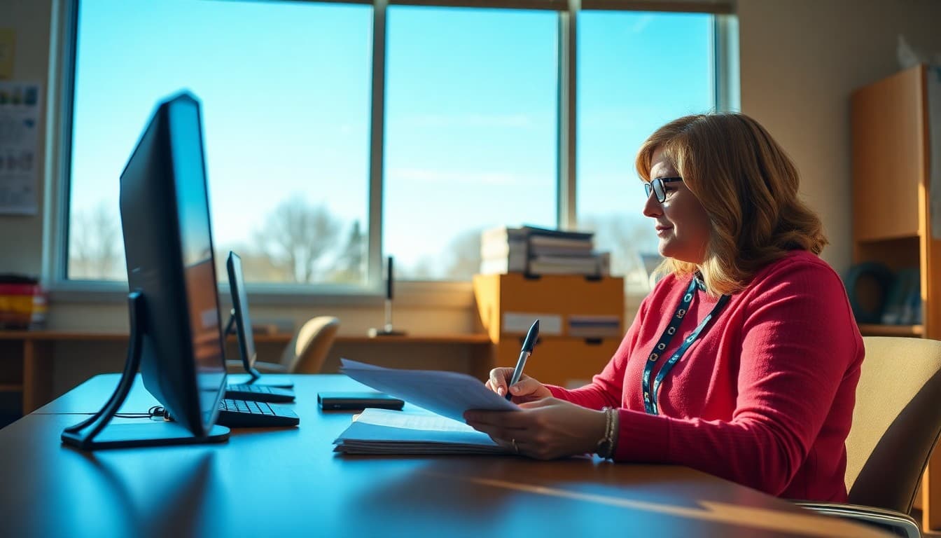 North Carolina school counselor writing a newsletter in a school office with Carolina blue sky visible