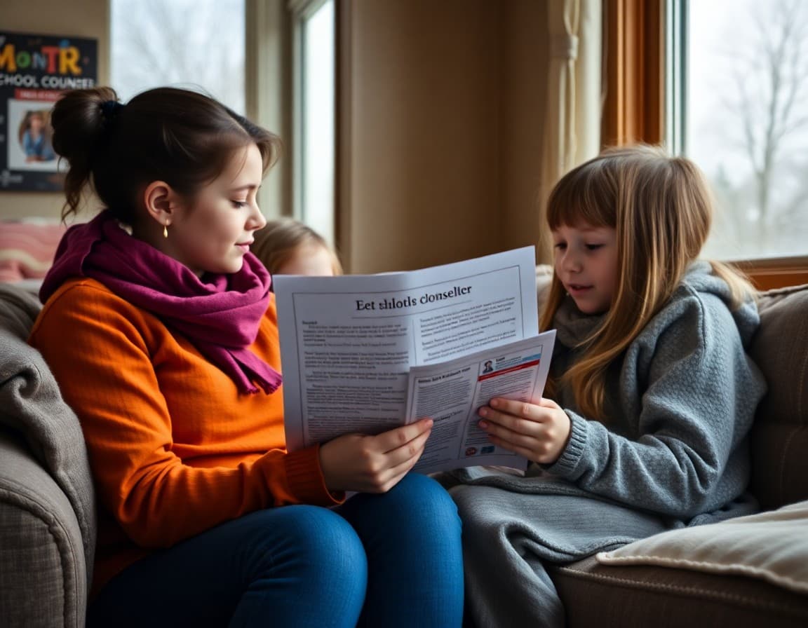 North Dakota family reading a school counselor newsletter at home in winter
