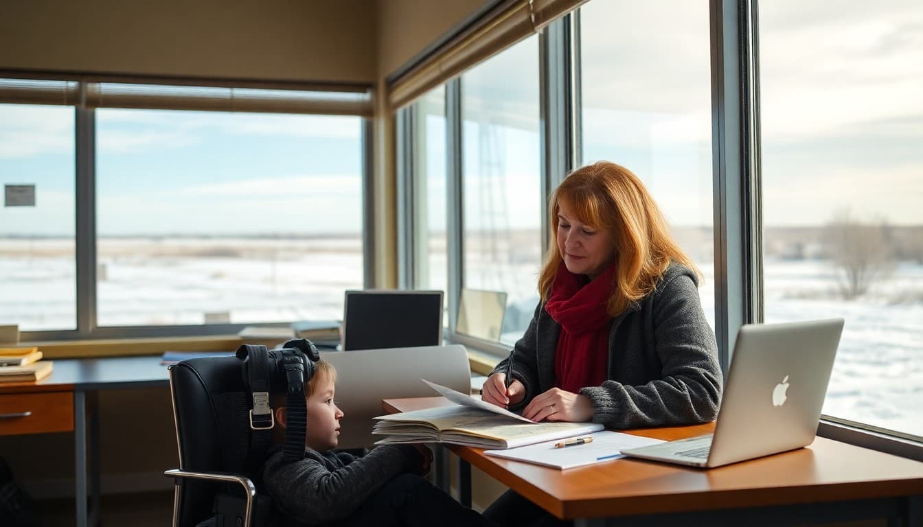 North Dakota school counselor writing a newsletter in a school office with Great Plains winter landscape outside