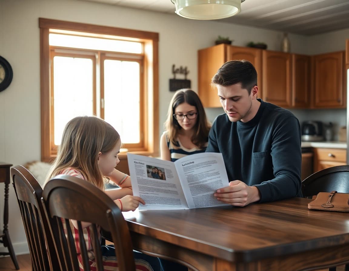 Nebraska family reading a school counselor newsletter at a kitchen table in a farmhouse