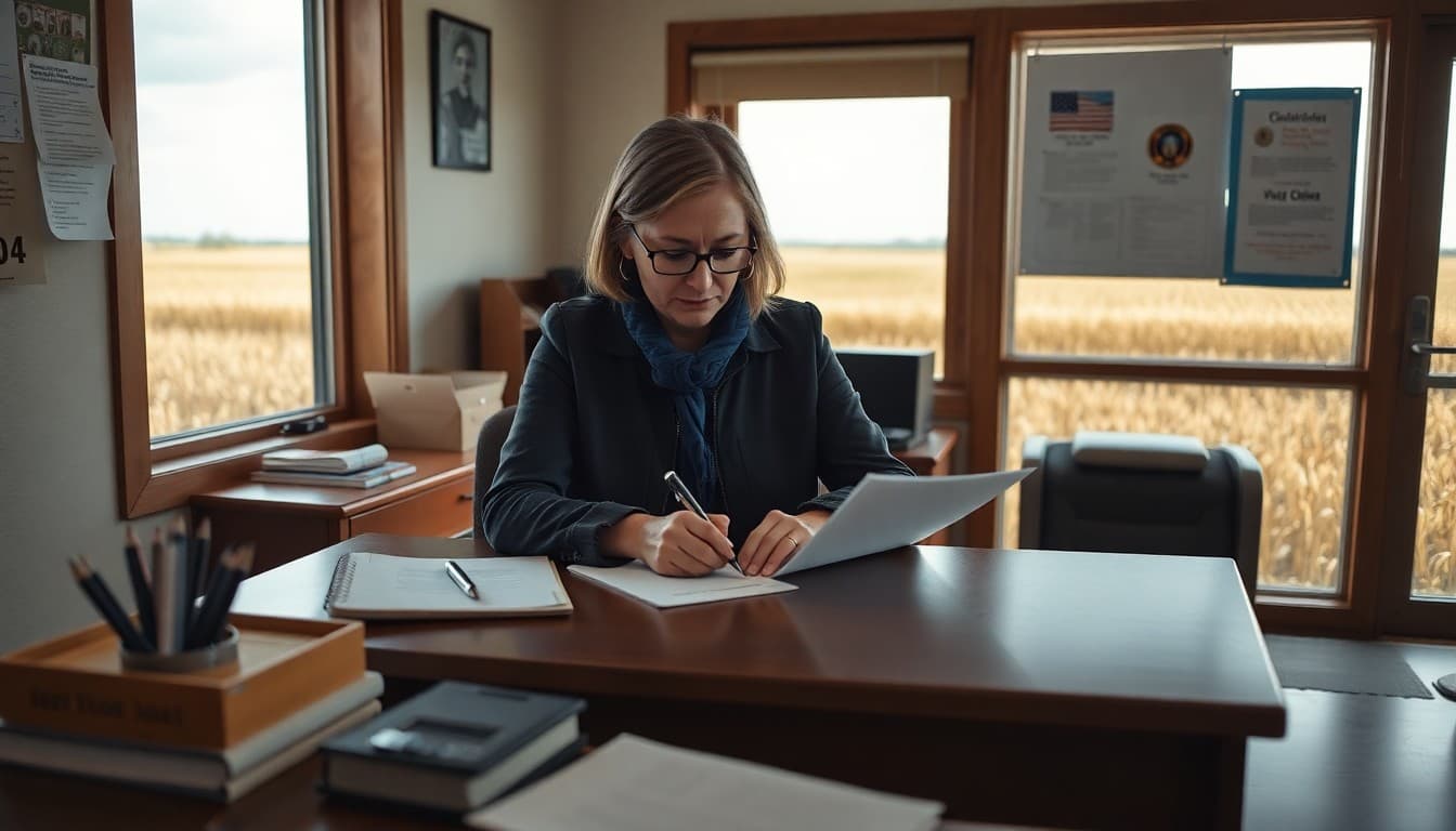 Nebraska school counselor writing a newsletter at a desk in a rural school office with cornfields outside