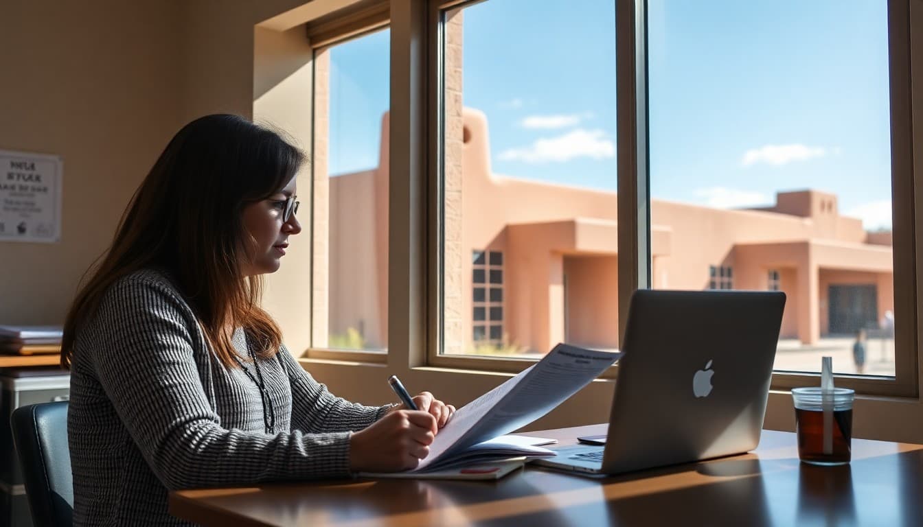 New Mexico school counselor writing a newsletter in a school office with adobe architecture and blue sky visible outside