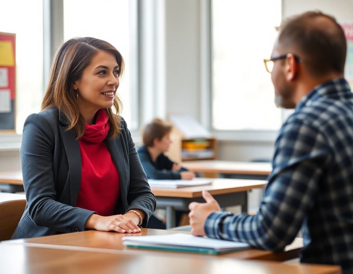 Counselor talking with a parent about a bullying concern at a school desk